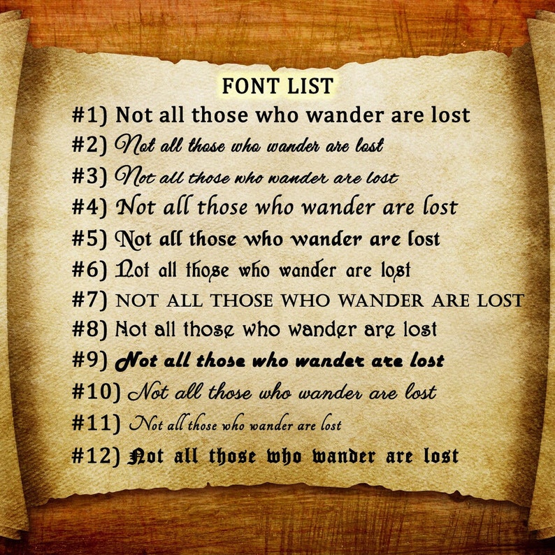 May include: A scroll-like image shows a font list with the phrase "Not all those who wander are lost" in different fonts. The text is black, with the title "FONT LIST" at the top.