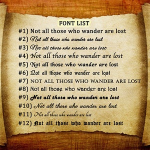 May include: A list of 12 different fonts, each displaying the phrase "Not all those who wander are lost". The fonts are numbered 1 through 12. The list is displayed on a vintage parchment background.