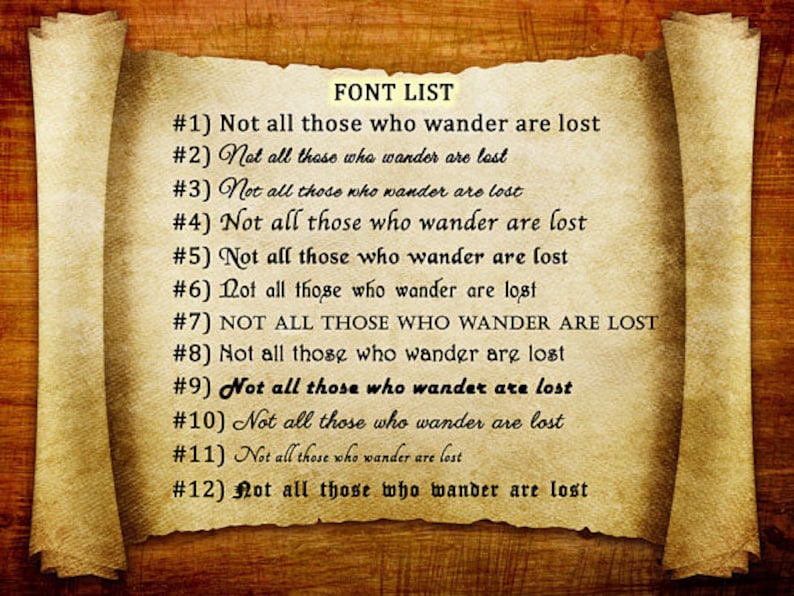 May include: A list of 12 different fonts, each displaying the phrase "Not all those who wander are lost". The fonts are numbered 1 through 12. The list is displayed on a vintage parchment background.