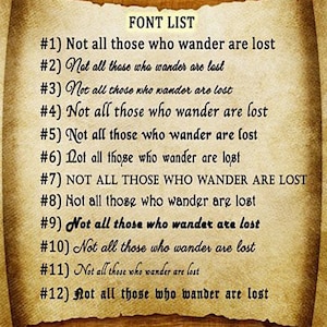 May include: A list of 12 different fonts, each displaying the phrase "Not all those who wander are lost". The fonts are numbered 1 through 12.