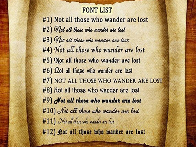 May include: A list of 12 different fonts, each displaying the phrase "Not all those who wander are lost". The fonts are numbered 1 through 12.