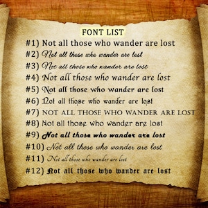 K&ouml;nnte beinhalten: Eine Liste von 12 verschiedenen Schriftarten, die jeweils den Satz "Not all those who wander are lost" anzeigen. Die Schriftarten sind von 1 bis 12 nummeriert.