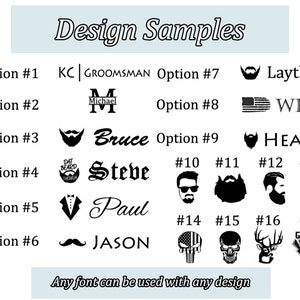 May include: A chart with 17 different design options for a personalized gift. The options include a variety of text styles, icons, and images. The text "Any font can be used with any design" is at the bottom of the chart.