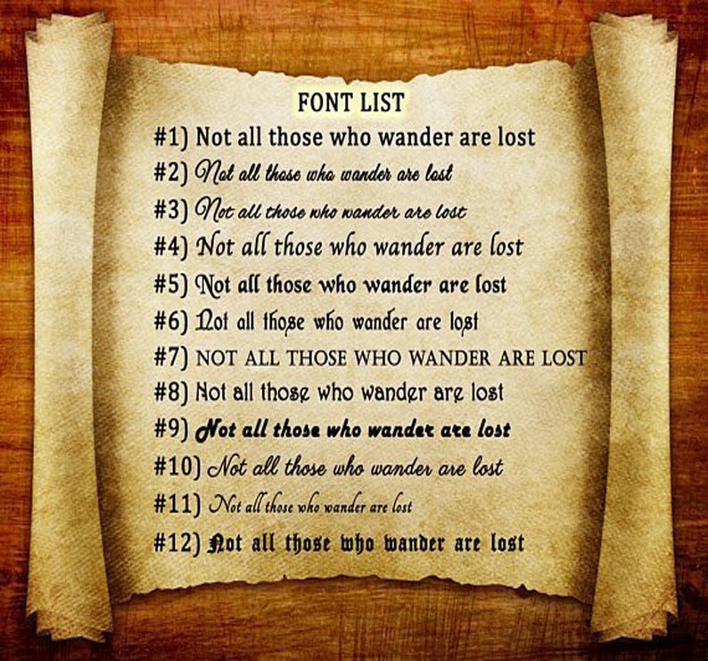 May include: A list of 12 different fonts, each displaying the phrase "Not all those who wander are lost". The fonts are numbered 1 through 12.