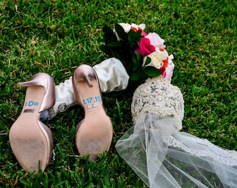 Looking for the perfect SOMETHING BLUE  to complete your wedding day look? Customizable "I Do" and your wedding date for your wedding shoes