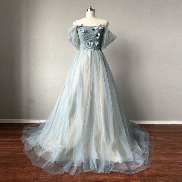 Dusty Green Tulle Prom Dress Fairy Off-the-shoulder Straps