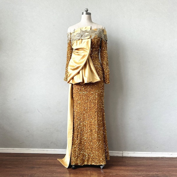 Gold Sequin Mother of the Bride Dress with Long Sleeves