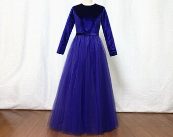 Velvet Bridesmaid Dress Long Sleeves Regency Purple Tulle Evening Dress