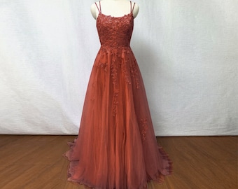 Burnt Orange Lace Tulle Prom Bridesmaid Dress 2023 Corset Back