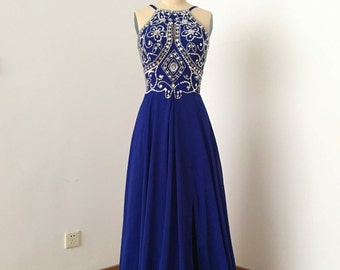 Backless Spaghetti Straps Royal Blue Chiffon Long Prom Dress with Slit and Silver Beads