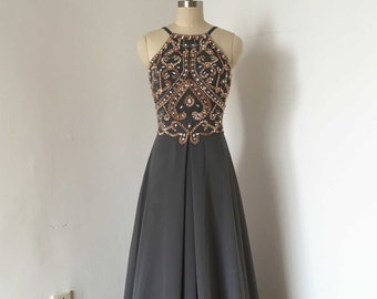 Backless Spaghetti Straps Charcoal Grey Chiffon Long Prom Dress