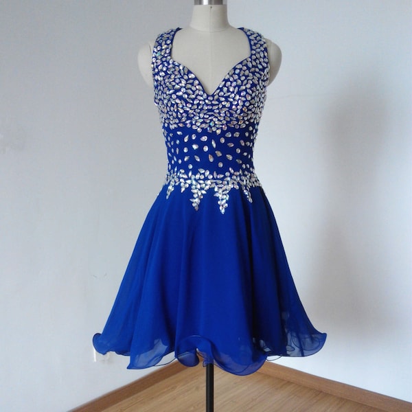 Cheap Beaded Straps Royal Blue Chiffon Short Homecoming Dress, Prom Dress, Graduation Dress