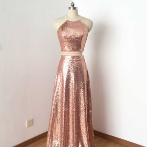 Two Piece Rose Gold Sequin Long Prom Dress image 1