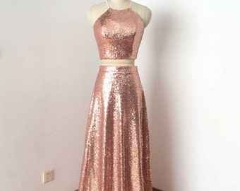 Two Piece Rose Gold Sequin Long Prom Dress