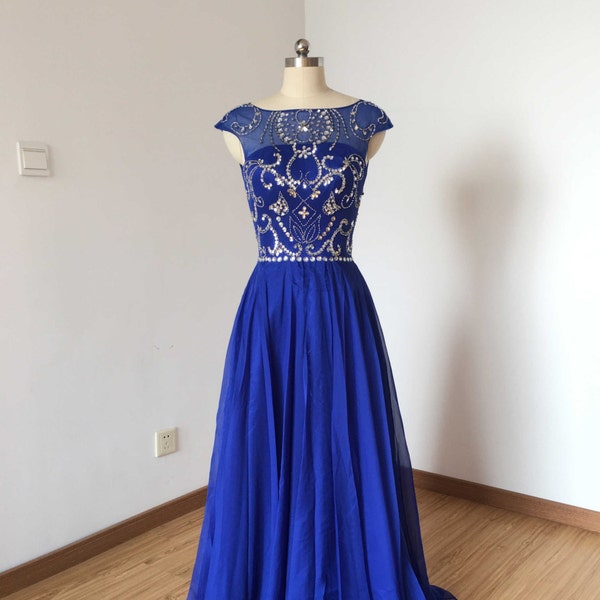 Cap Sleeves Royal Blue Chiffon Long Prom Dress