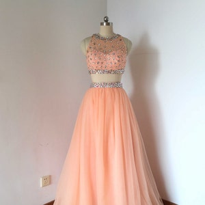 Beaded Two Piece Baby Pink Tulle Long Prom Dress