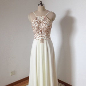 Backless Spaghetti Straps Cream Chiffon Beaded Long Prom Dress with Long Train