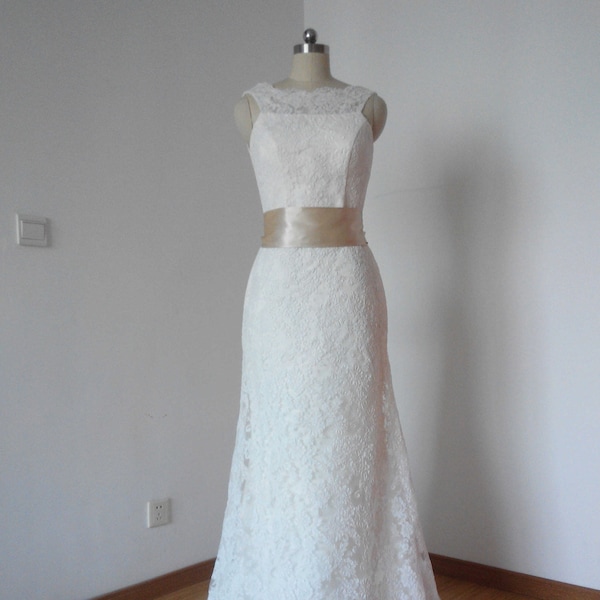 Elegant V-Back Ivory Lace Long Wedding Dress with Champagne Sash