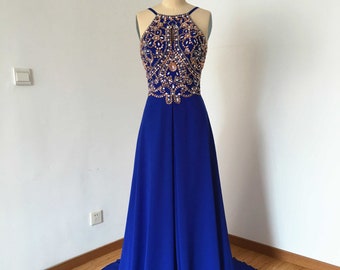 Long Prom Dress, Prom Dress, Spaghetti Straps Prom Dress, Royal Blue Prom Dress, Chiffon Prom Dress, Backless Prom Dress