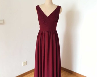 V-Neck V-Back Burgundy Chiffon Long Bridesmaid Dress