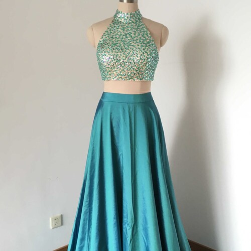 Teal Blue Taffeta Long Prom Dress ...