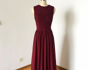 Illusion Top Sweetheart Burgundy Chiffon Long Bridesmaid Dress