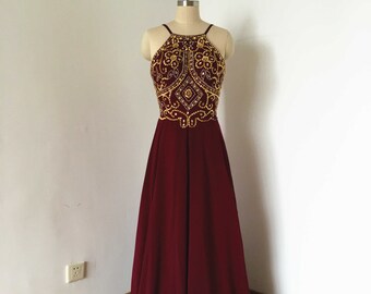 Backless Spaghetti Straps Burgundy Chiffon Long Prom Dress with Gold Beads