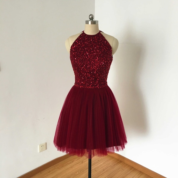 Backless Burgundy Tulle Short Homecoming Dress