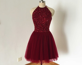 Backless Burgundy Tulle Short Homecoming Dress