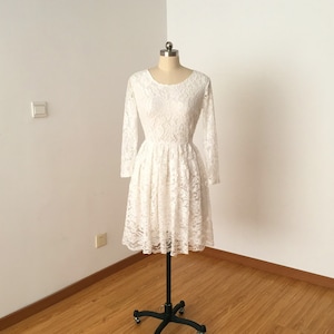 Scoop Ivory Lace Short Wedding Reception Dress with Long Sleeves image 1