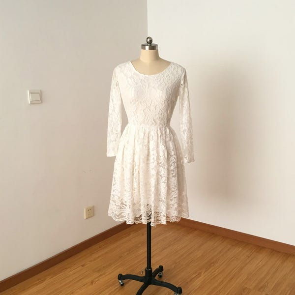 Scoop Ivory Lace Short Wedding Reception Dress with Long Sleeves