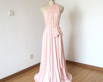 One-Shoulder Blush Pink Spandex Long Convertible Bridesmaid Dress