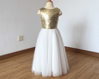 Floor-length Light Gold Sequin Ivory Tulle Flower Girl Dress