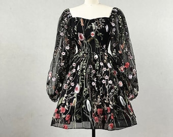 Black Modest Floral Homecoming Dress Corset Back with Long Sleeves