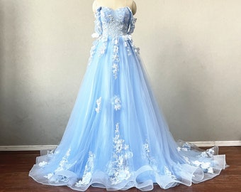 Light Blue Lace Tulle Fairy Prom Dress 2023 Corset Back with Horsehair Hem
