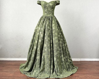 Ball Gown Prom Dress Corset Back Moss Green Floral Evening Dress