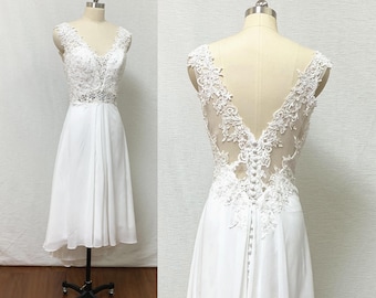 V-Neck Ivory Lace Chiffon High Low Wedding Reception Dress