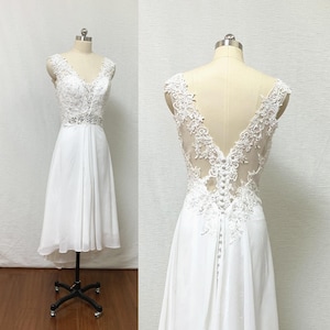 V-Neck Ivory Lace Chiffon High Low Wedding Reception Dress