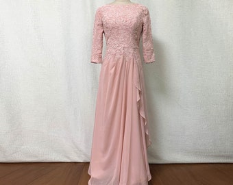 Dusty Rose Lace Chiffon Mother of the Bride Dress with Long Sleeves