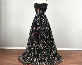 Black Floral Fairy Prom Dress Corset Back Spaghetti Straps