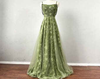 Moss Green Floral Prom Dress Corset Back Tulle Overlay Skirt