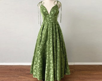 Prom Dress Corset 2023 Moss Green Floral Spaghetti Straps