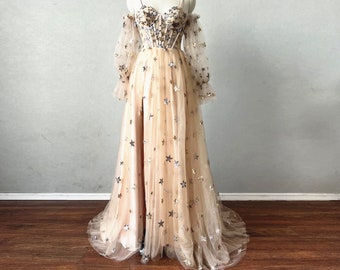 Fairy Prom Dress 2023 Long Sleeves Star Tulle Dress with Slit