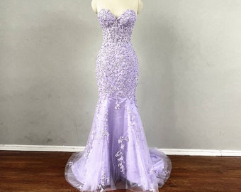 Mermaid Prom Dress Corset Lilac Purple Lace Tulle Evening Dress