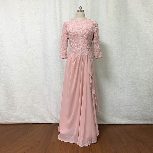 Dusty Rose Lace Chiffon Mother of the Bride Dress with Long Sleeves