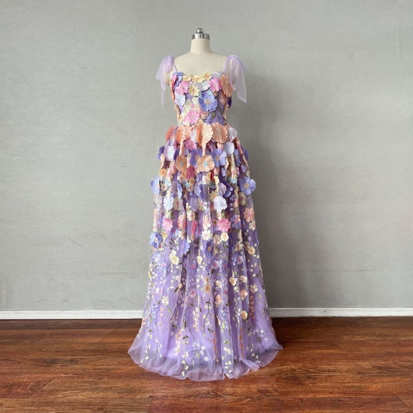 Unique Floral Prom Dress with Tied Straps