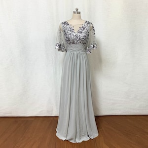 Light Grey Sequin Chiffon Mother of the Bride Dress with Sleeves image 1