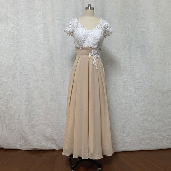 White Lace Champagne Chiffon Mother of the Bride Dress Tea-length