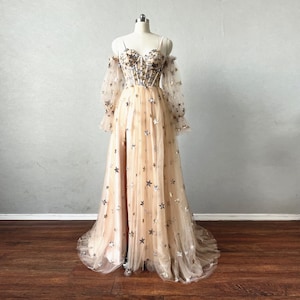 Fairy Prom Dress 2023 Long Sleeves Star Tulle Dress with Slit