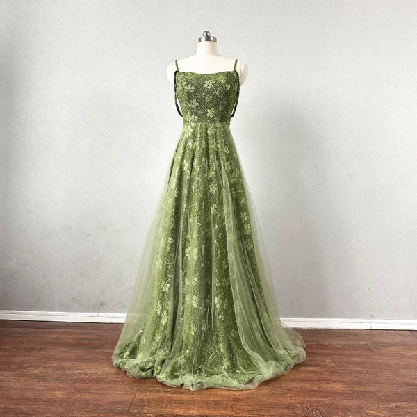 Moss Green Floral Abendkleid Korsett Zurück Tüll Overlay Rock